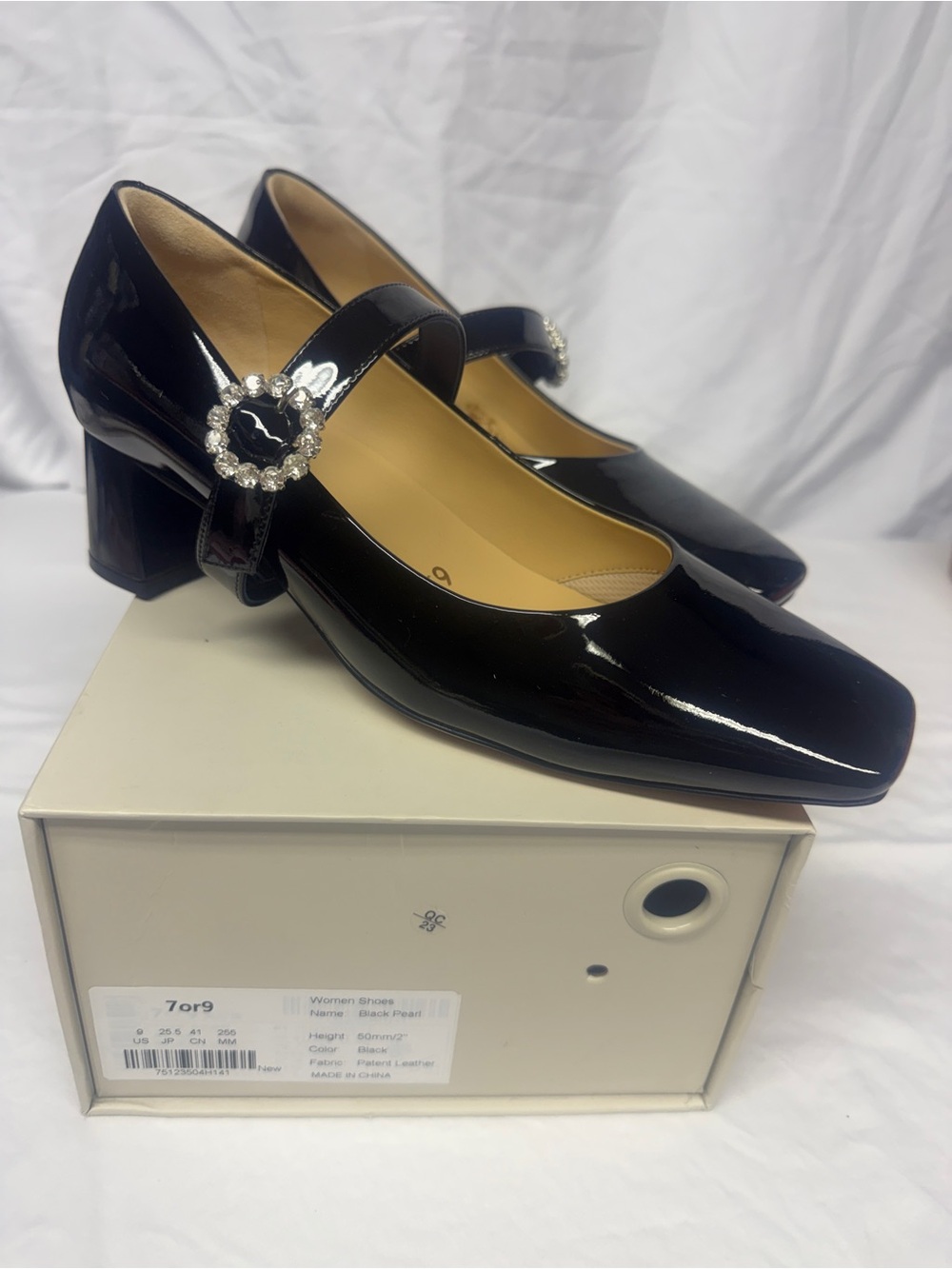 7or9 Black Patent Mary Jane Pumps with Decorative Buckle